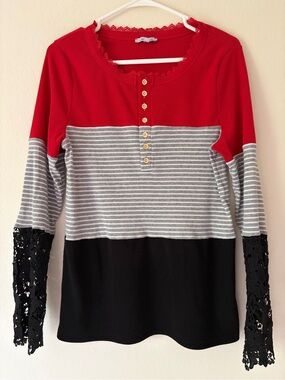 White Birch Bright Red Ribbed Top Lace Black XL Shirt Sweater Long Sleeve